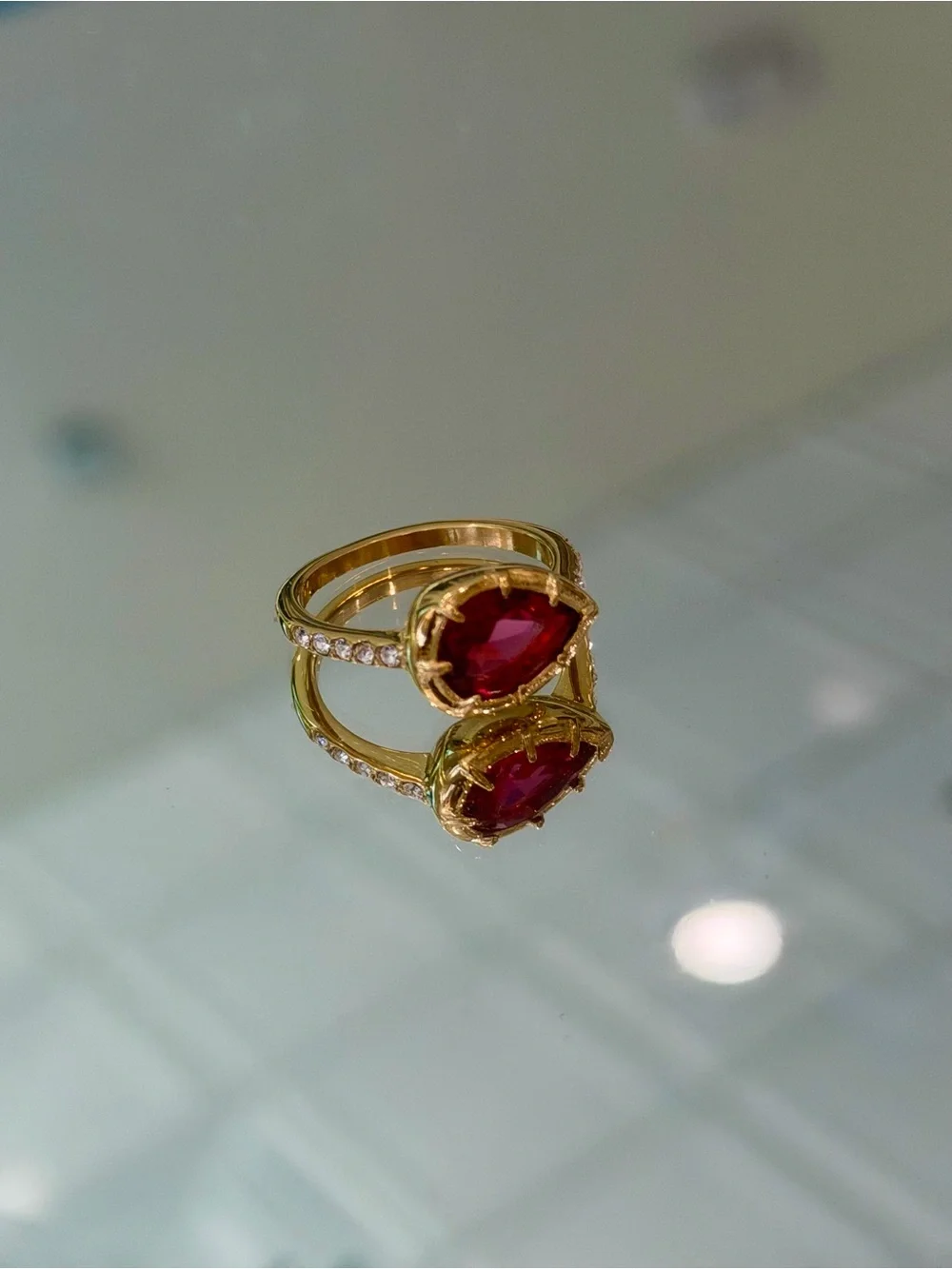 New Rubellite-Inspired In Gold Tone Pear Cut Pink Tourmaline CZ Ring in 7